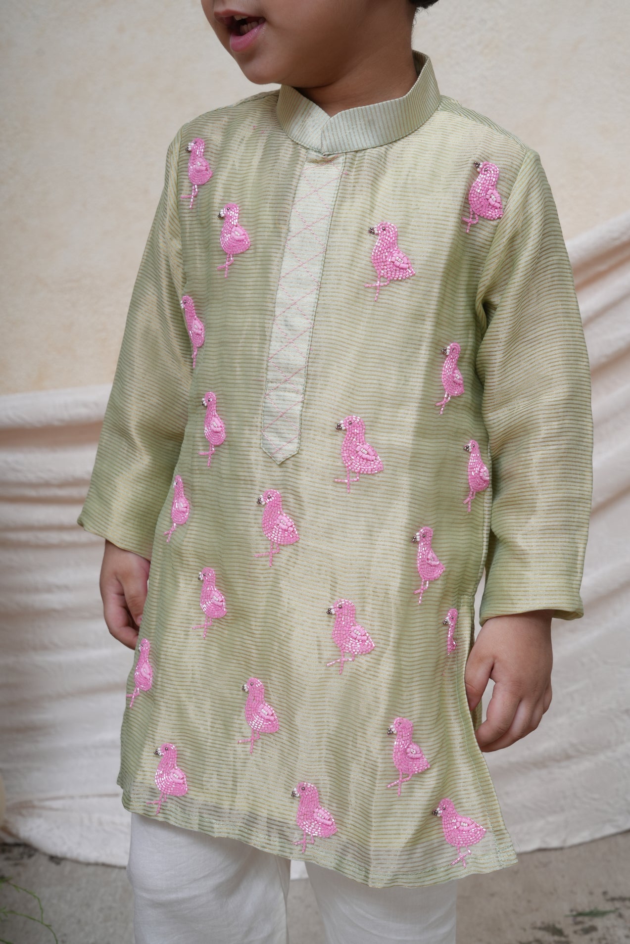 Flamingo Embroidered Mint Tissue Kurta and Pant