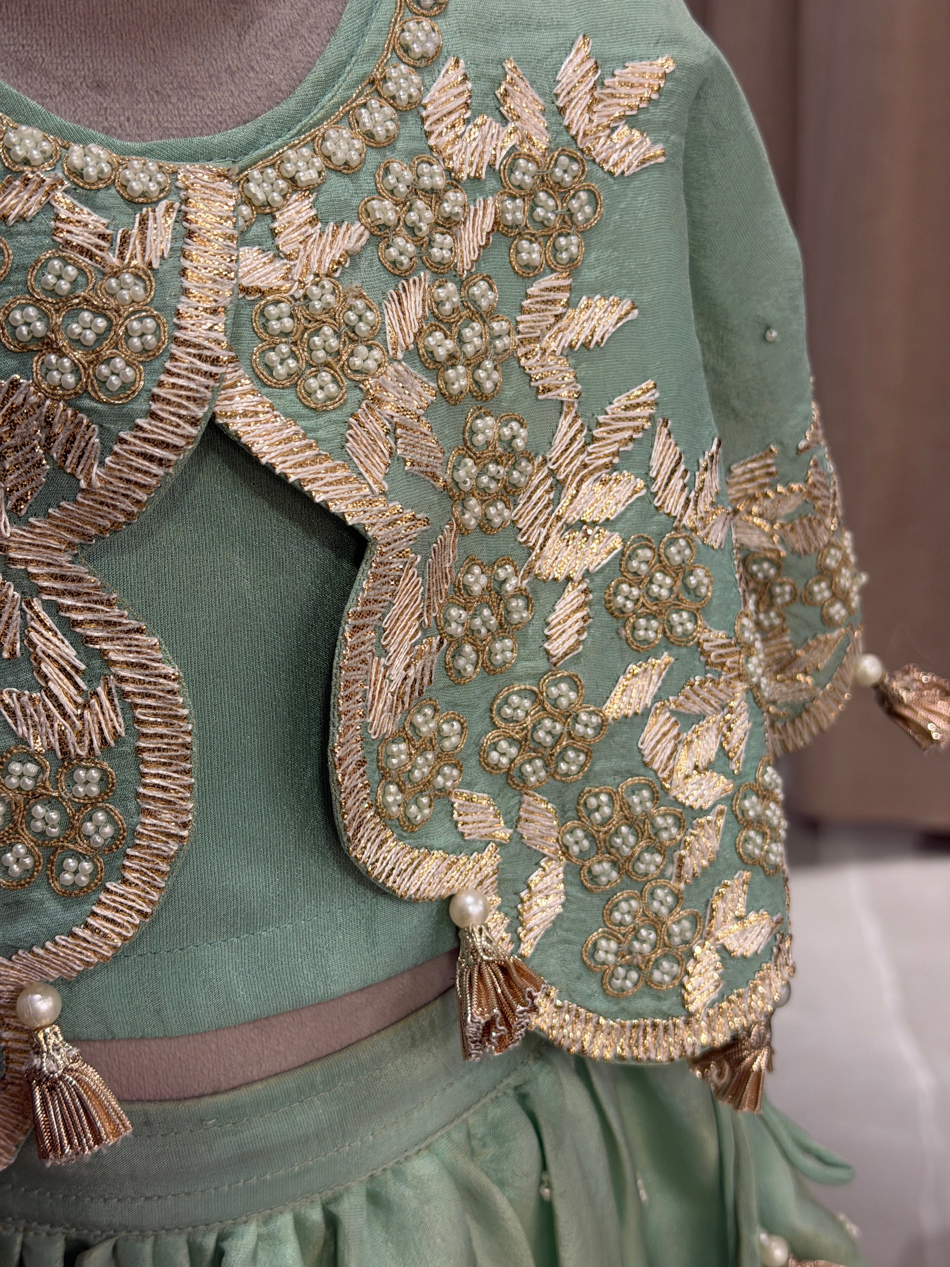 Sea Green Gota Moti Embroidery Poncho and Ghagara