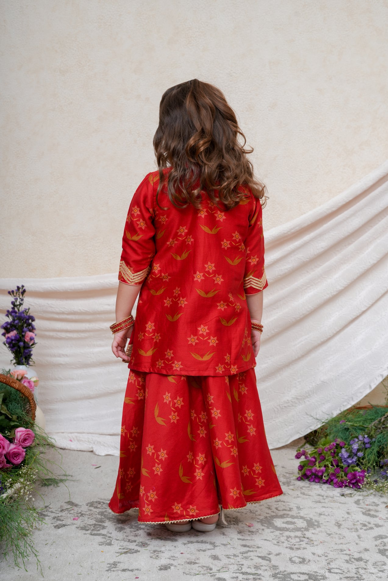 Red Chanderi Floral Printed Gota Embroidered Kurta and Flare Pant