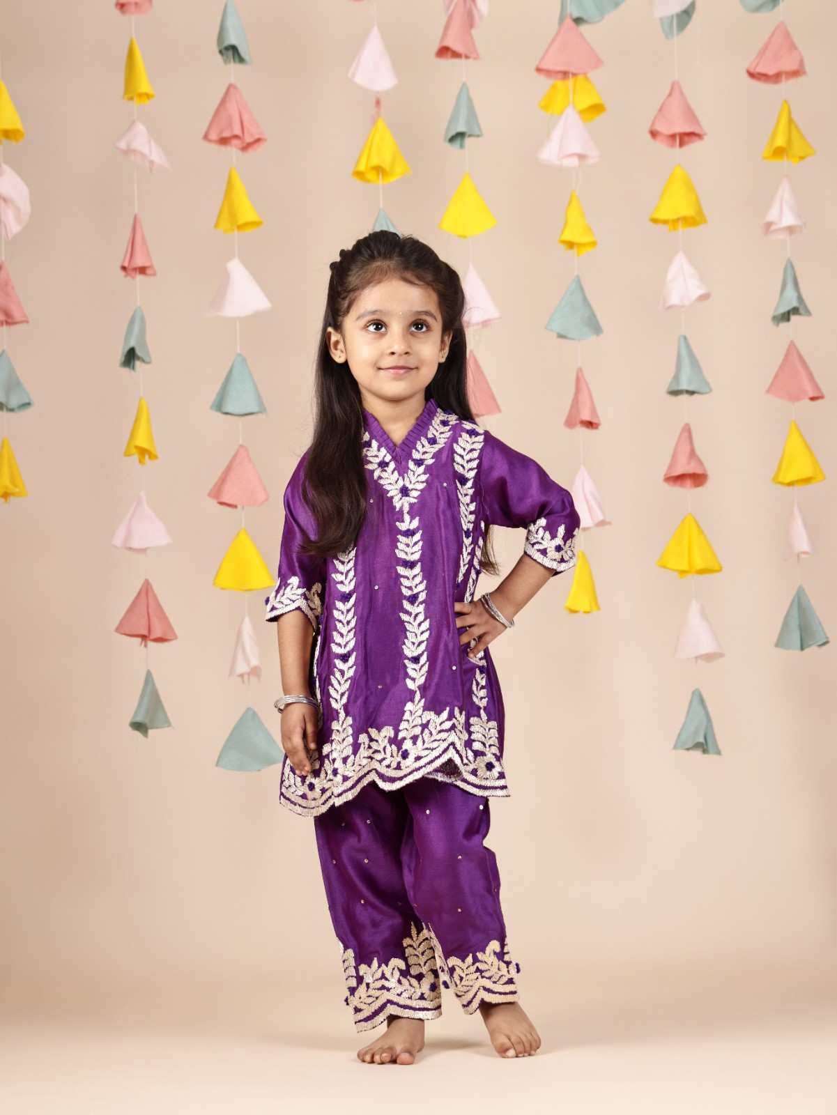 Purple Gota Flower Embroidered Kurti and Straight Pant