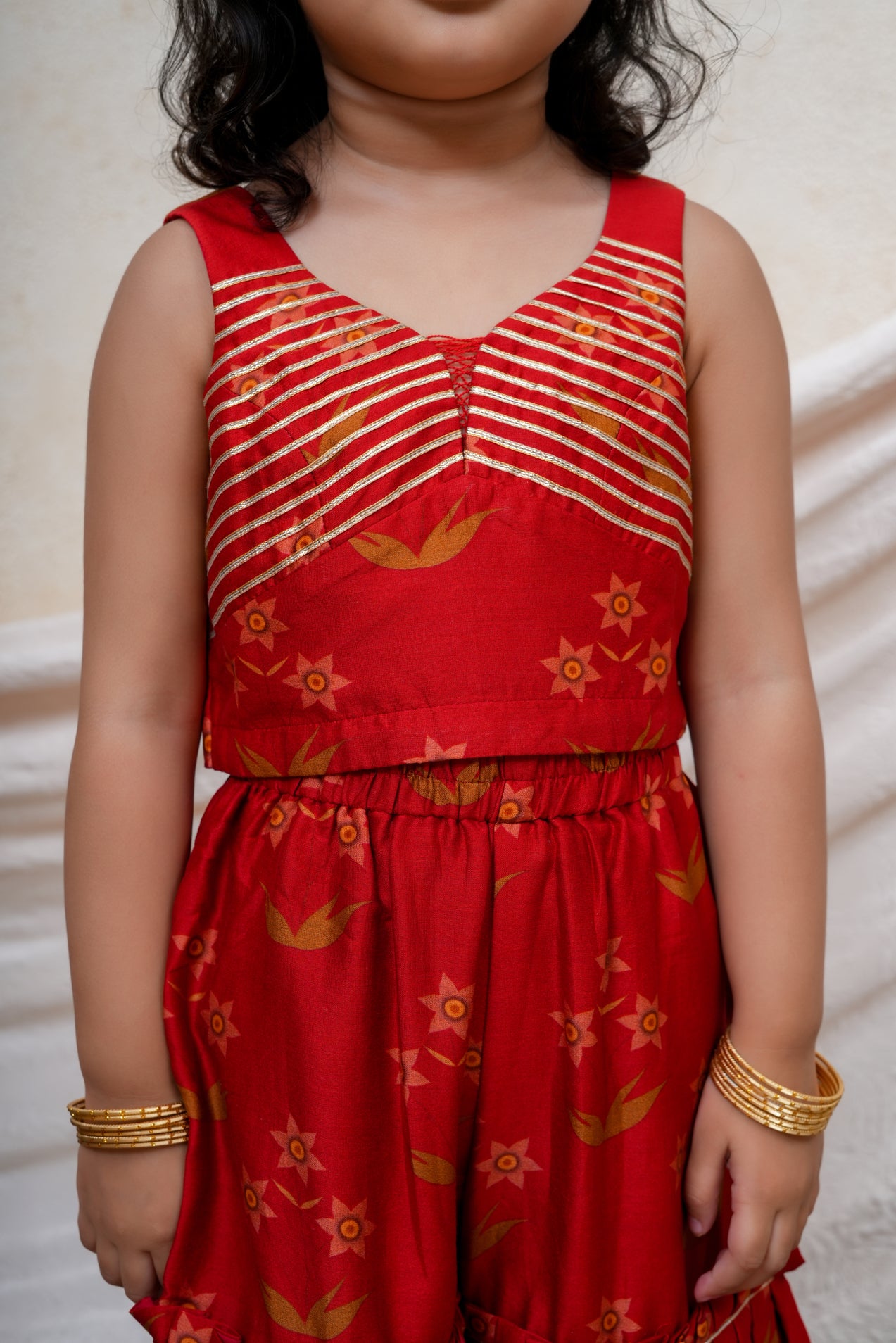 Red Chanderi Printed Gota Lace Embroidered Blouse and Sharara