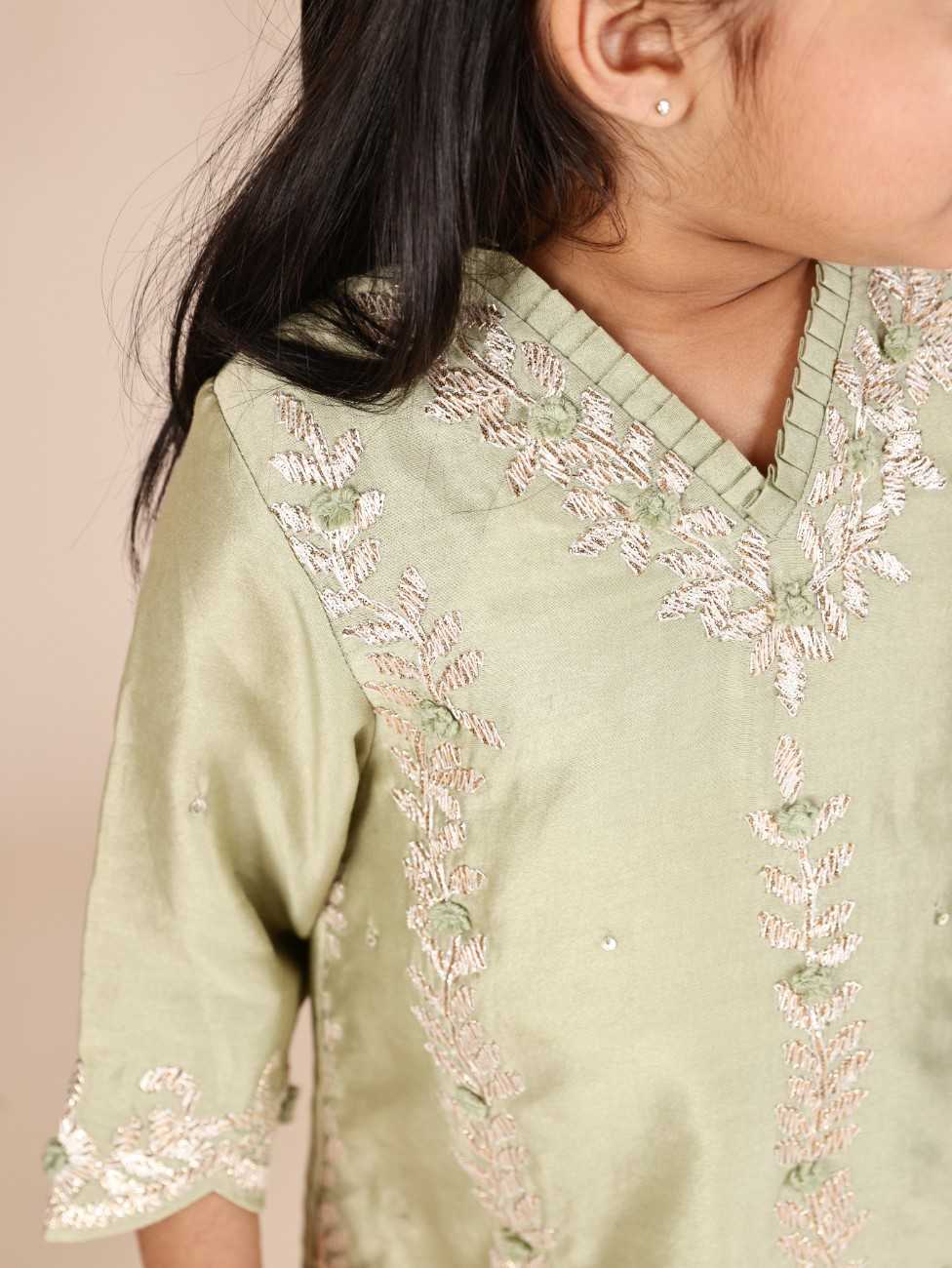 Pista Green Gota Flower Embroidered Kurti and Straight Pant