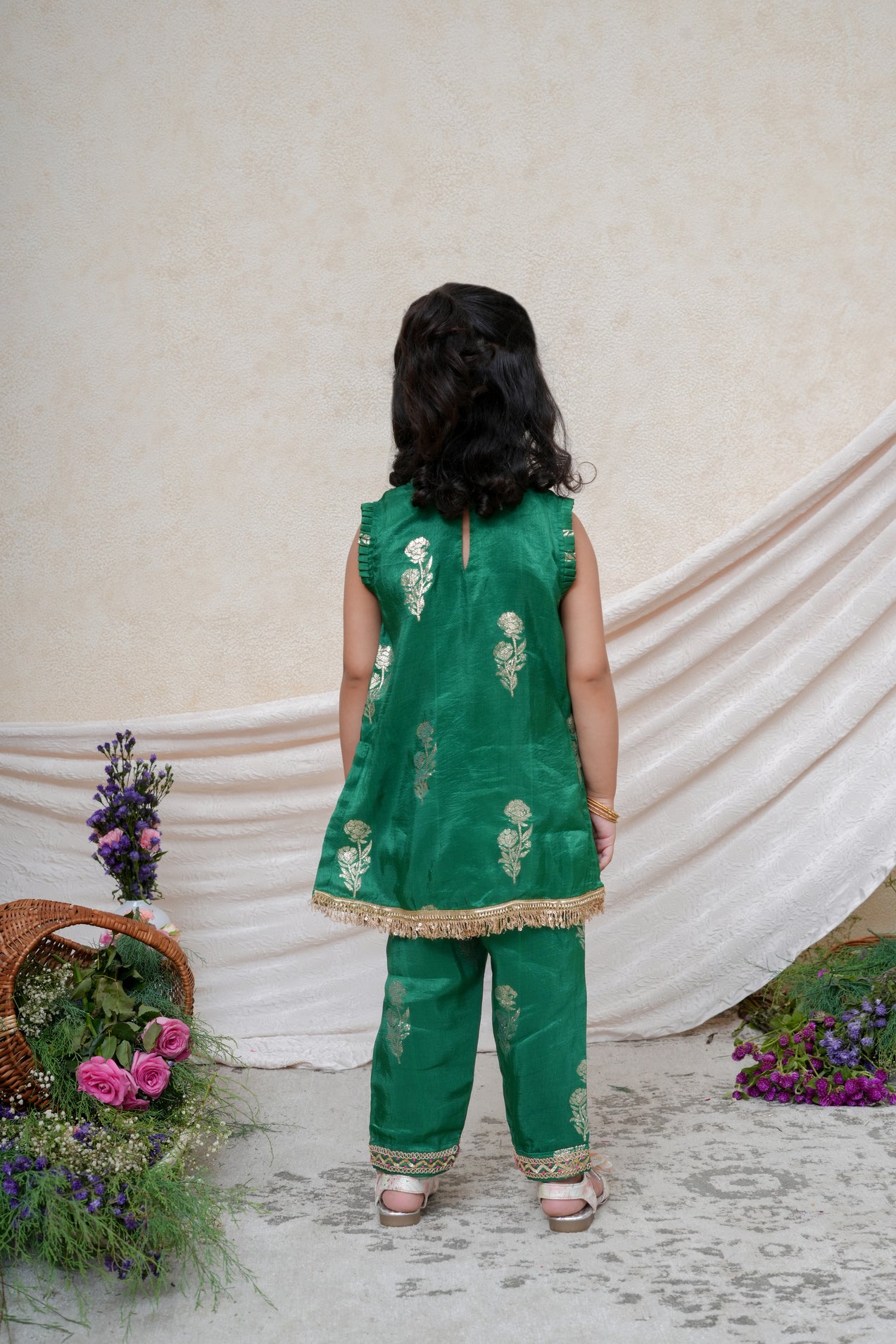 Emerald Green Brocade Kurta and Pant with Lace Detailing