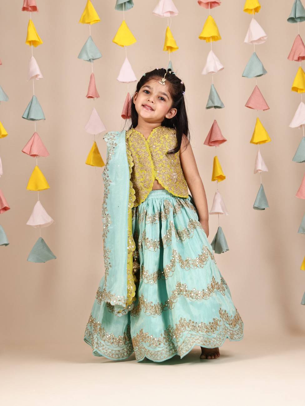 Lime Green Zari Embroidered Waistcoat Style Top and Sea Green Ghaghra With Dupatta