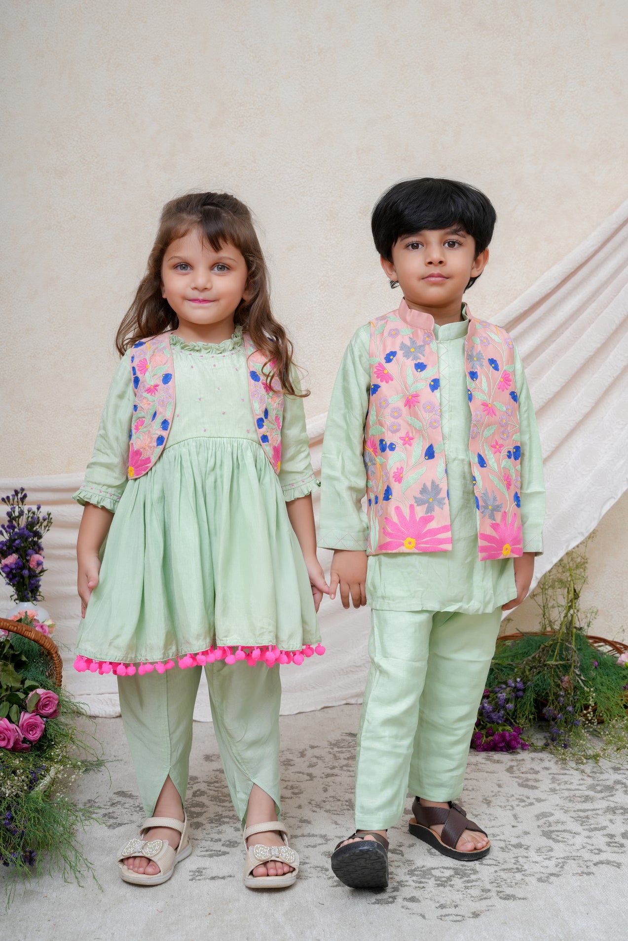 Dust Pink Thread Floral Embroidered Jacket and Mint Peplum With Dhoti