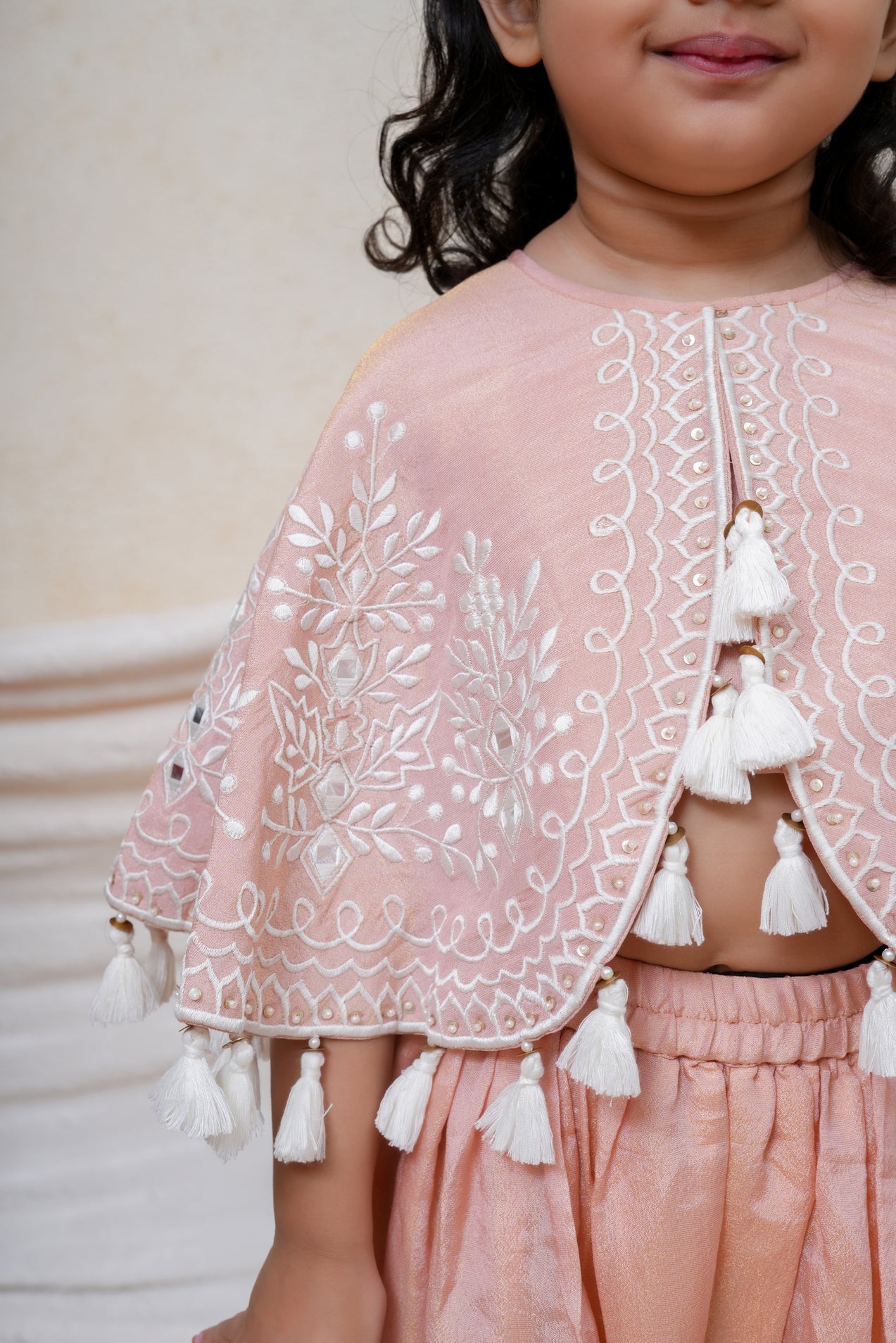 Thread Embroidered Pink Tissue Poncho Top and Flare Pant