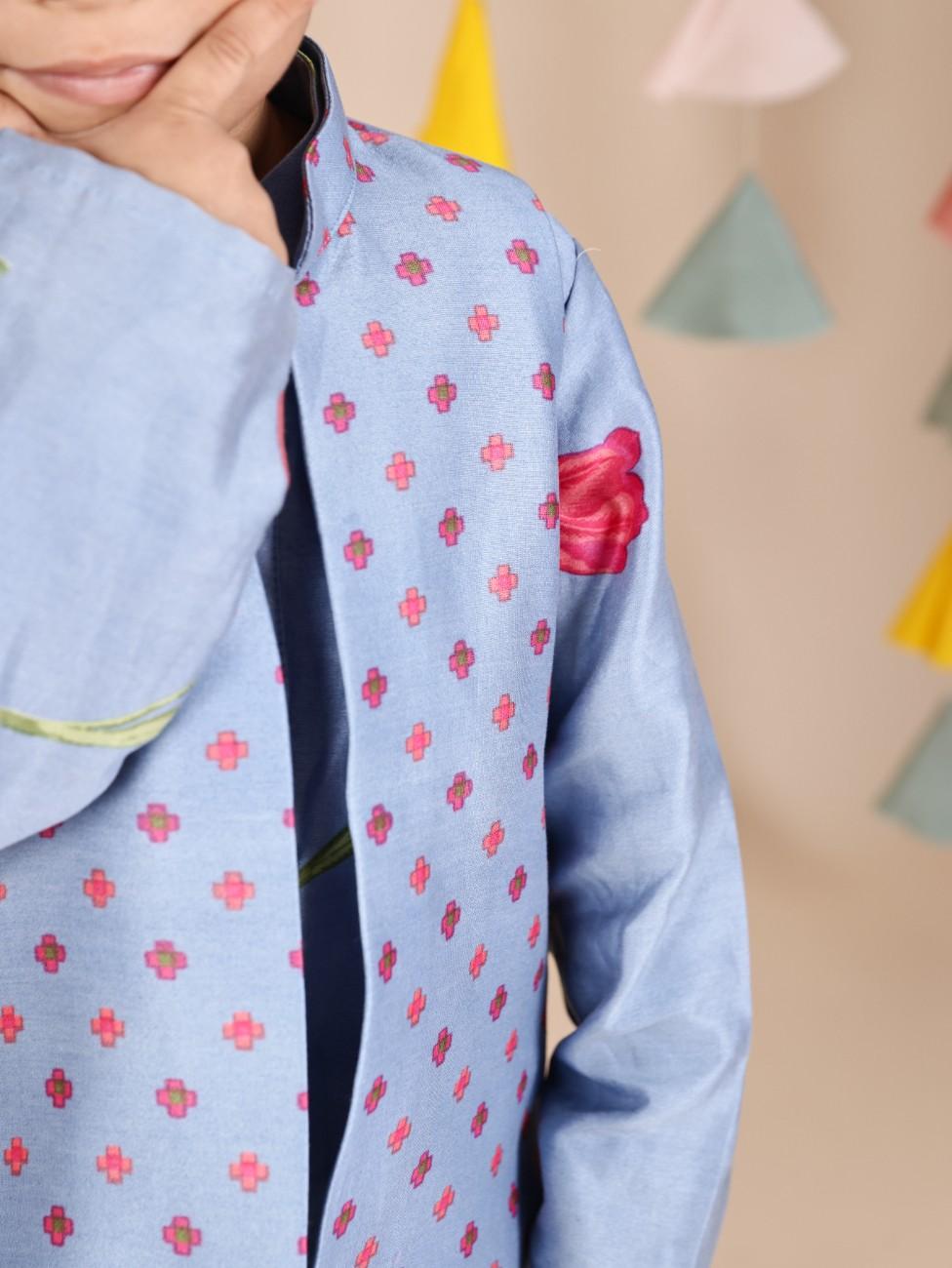 Mandarin-Collar Ethnic Kurta With Printed Jacket And Pyjama