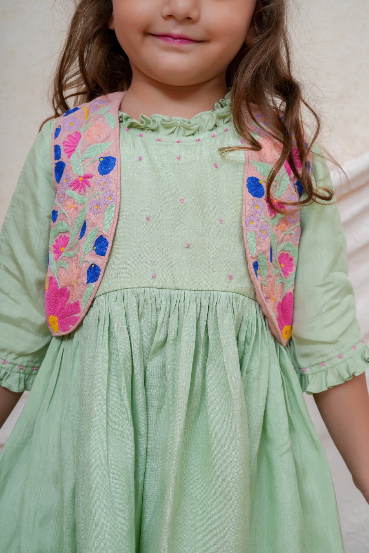 Dust Pink Thread Floral Embroidered Jacket and Mint Peplum With Dhoti