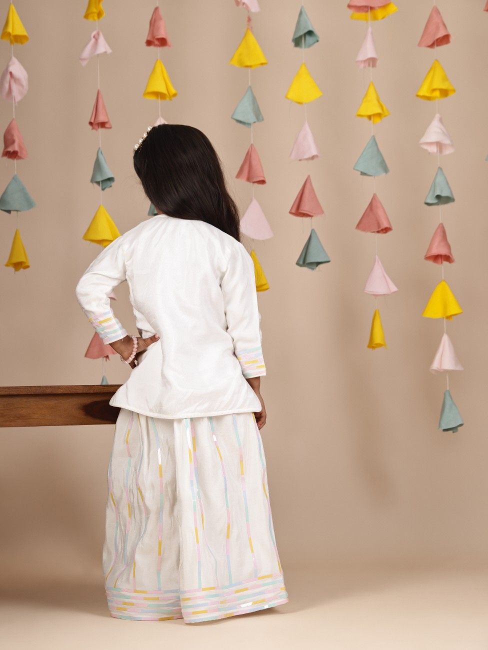 White Multicolour Tape Kurta and Flare Pant