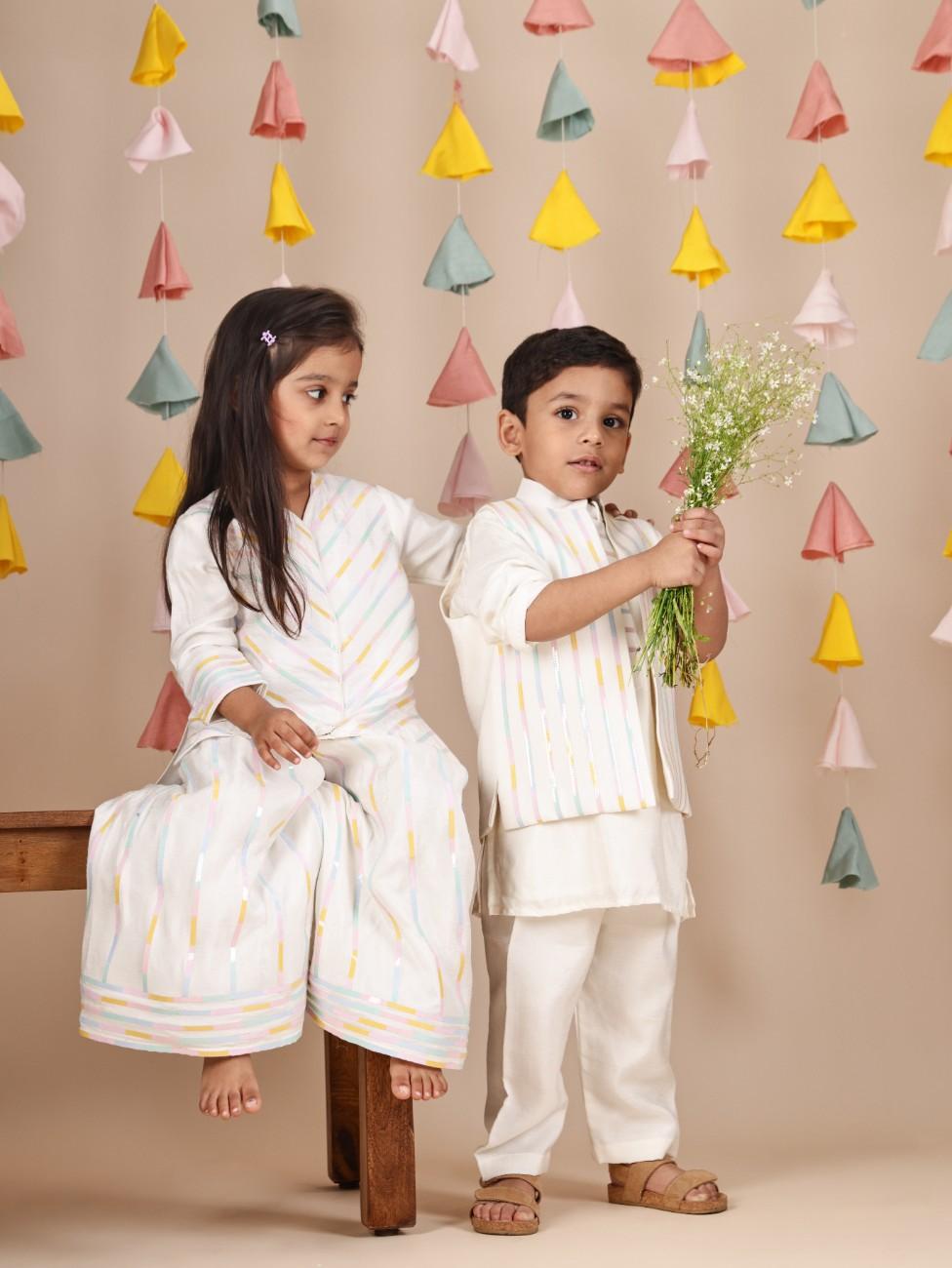 Lace Embroidered Off White Jacket with Kurta and Pant