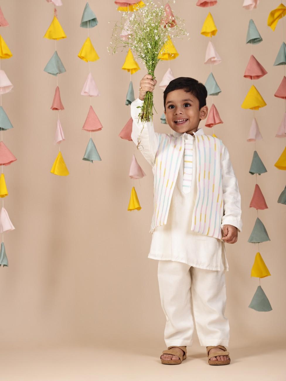 Lace Embroidered Off White Jacket with Kurta and Pant