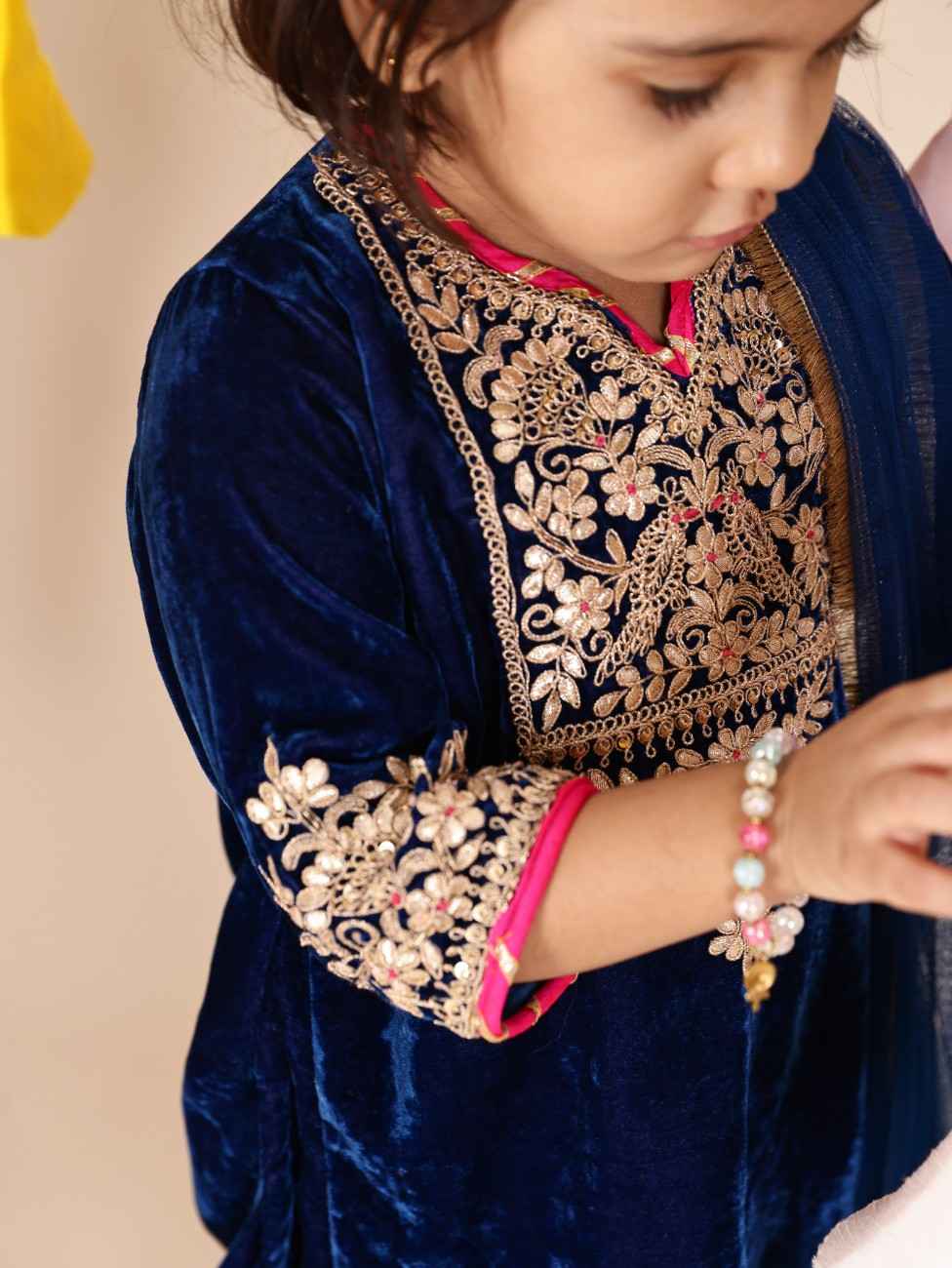Blue velvet girls kurta set