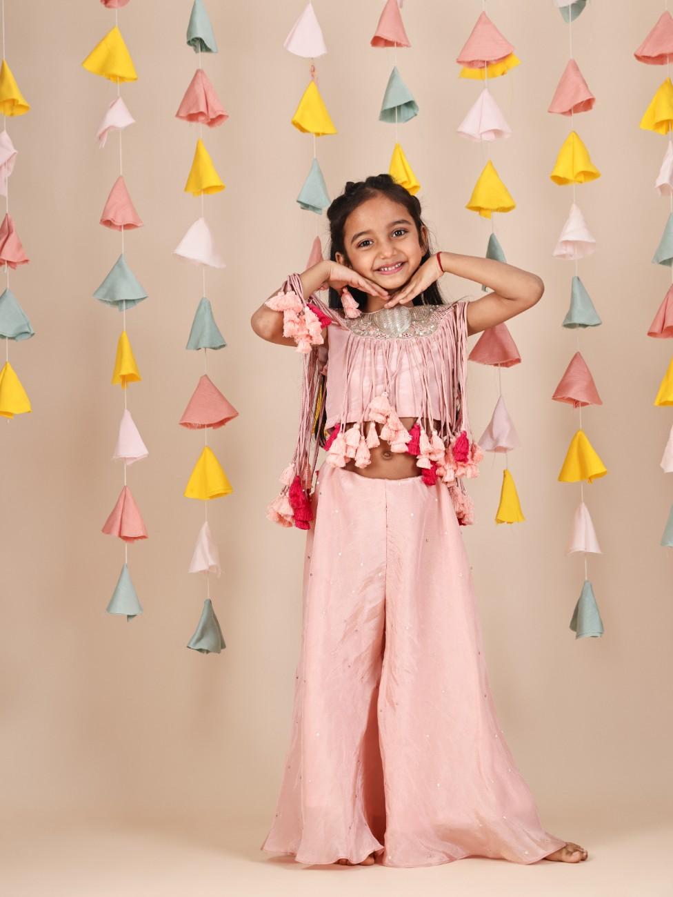 Pink Heavy Lacchi Top with Flare Pant