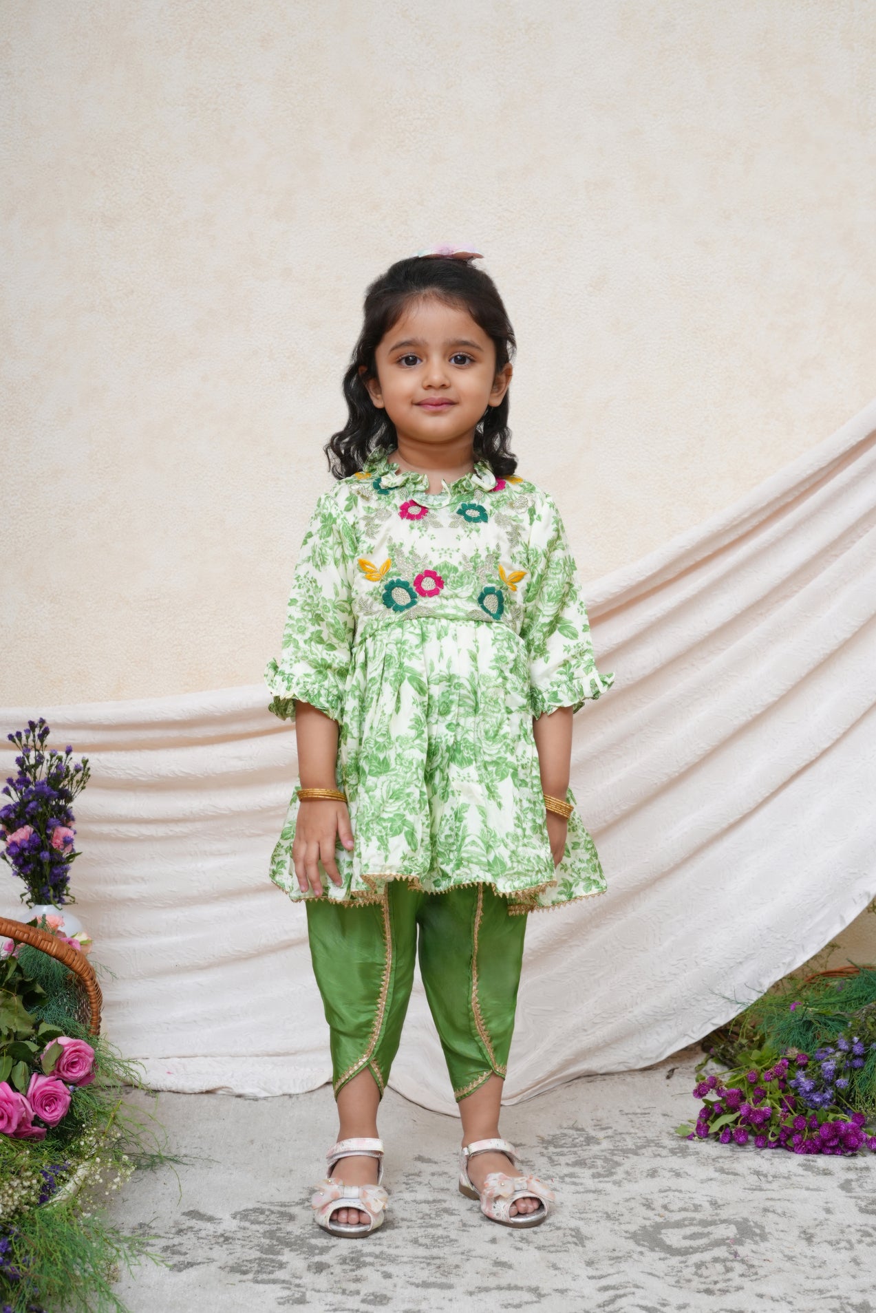 Green Rose Printed Peplum and Green Dhoti for 6 months and 6 Years Old