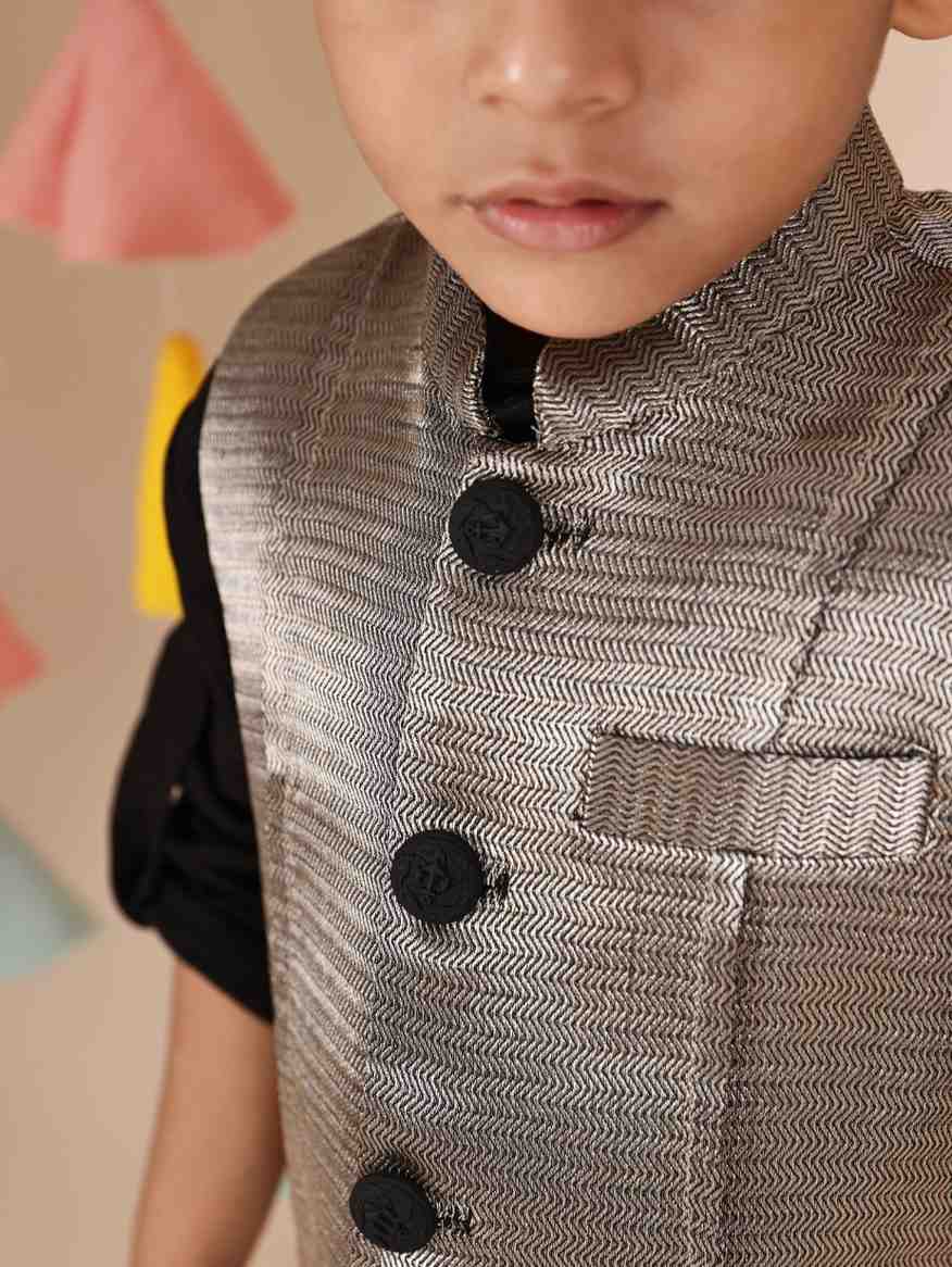 Black Kurta and pant with New Grey Zari Fabric Jacket
