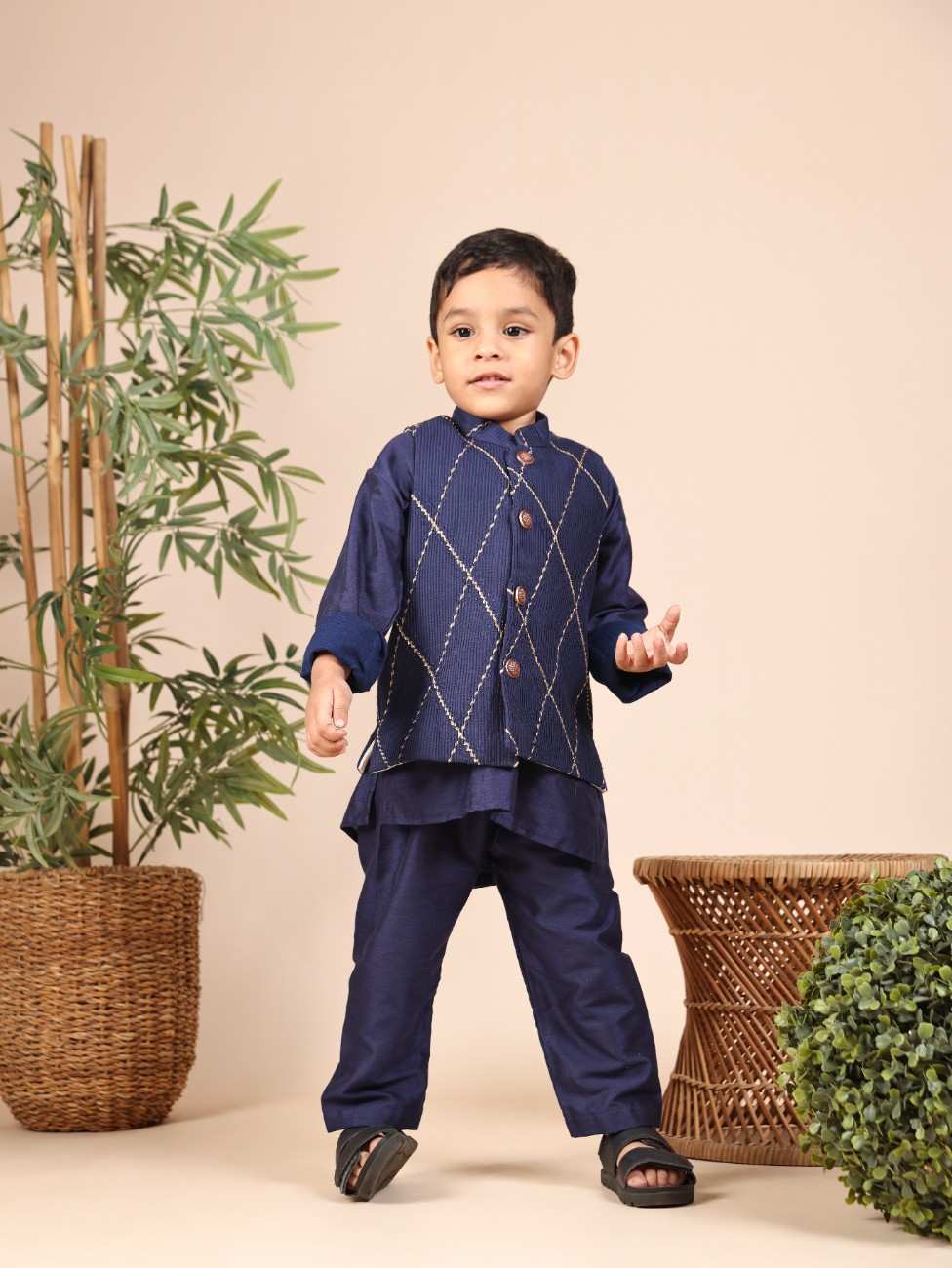 Navy Blue Kurta and Pant with Pintuck Jacket