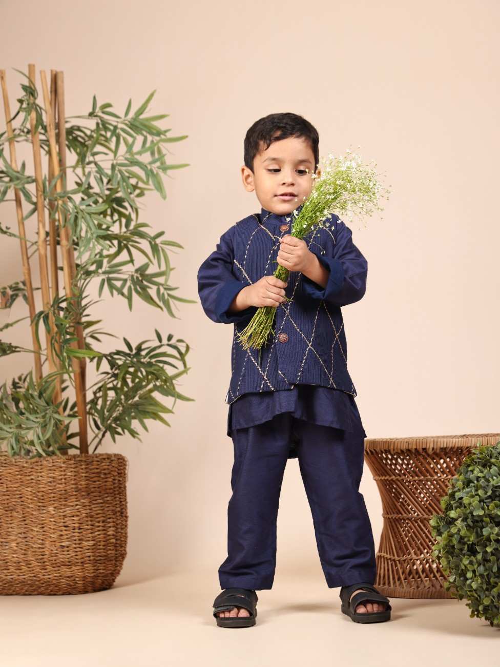 Navy Blue Kurta and Pant with Pintuck Jacket