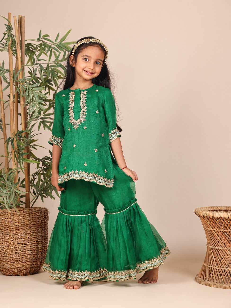 Zari and Thread Worked Emereld Green Organza Kurta and Sharara
