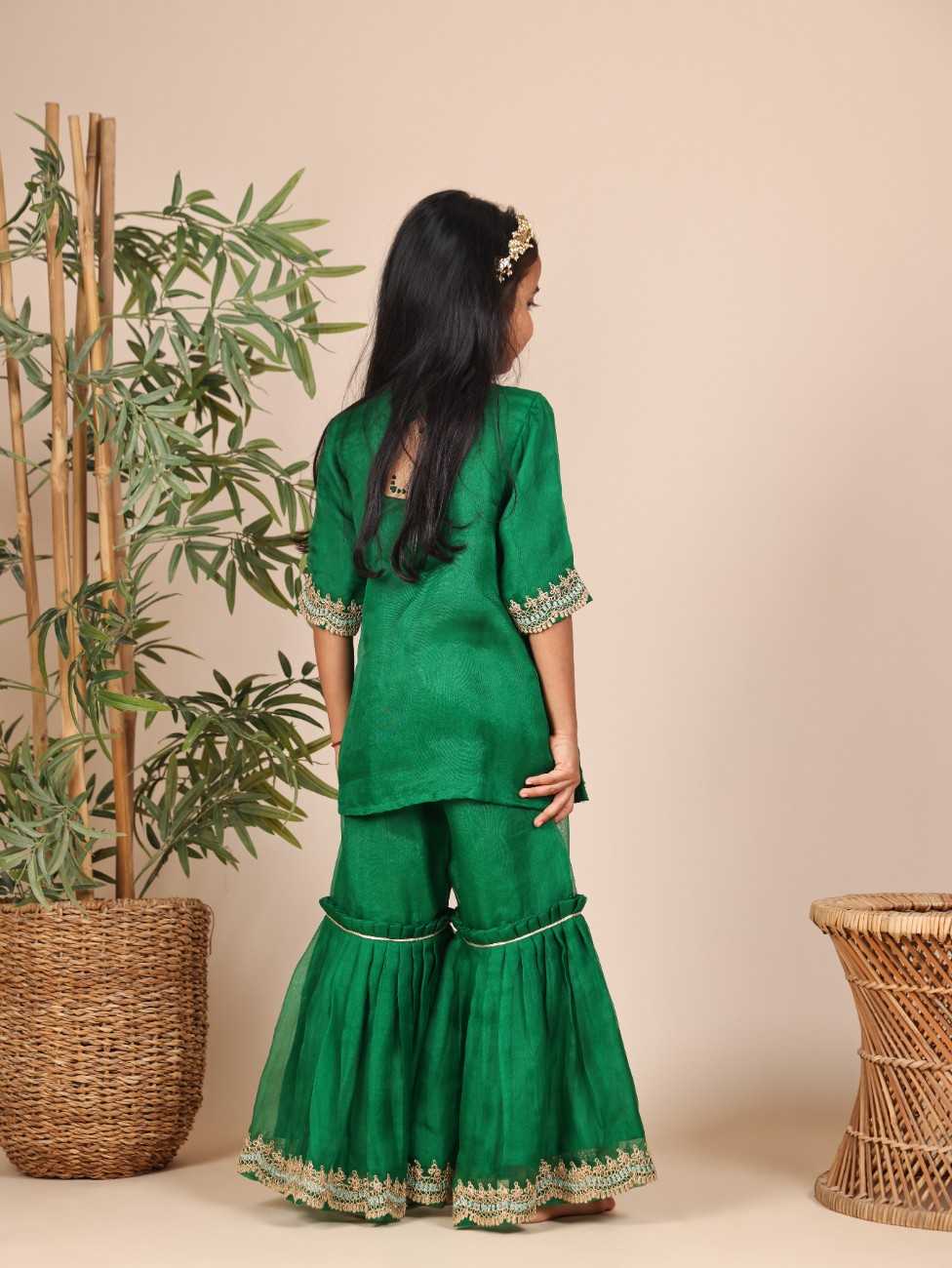 Zari and Thread Worked Emereld Green Organza Kurta and Sharara