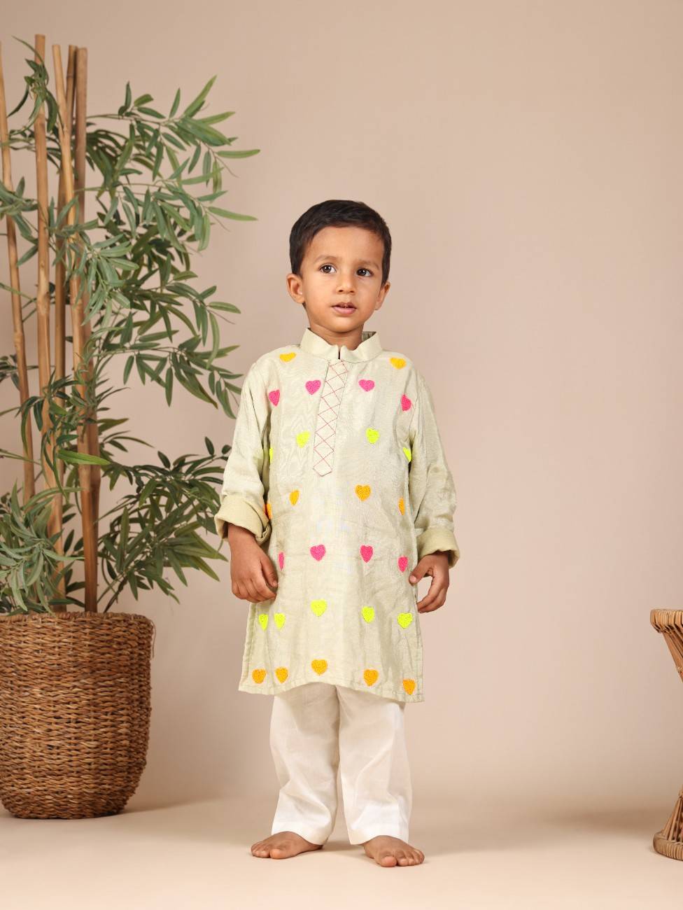 Multicolour Heart Embroidered Pista Green Boys Kurta and Pant