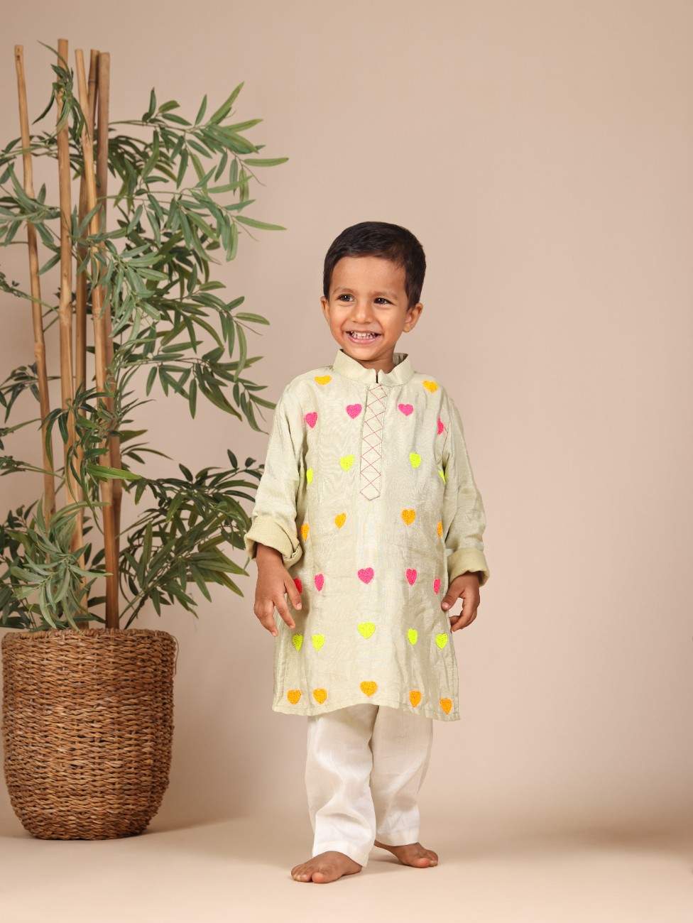 Multicolour Heart Embroidered Pista Green Boys Kurta and Pant