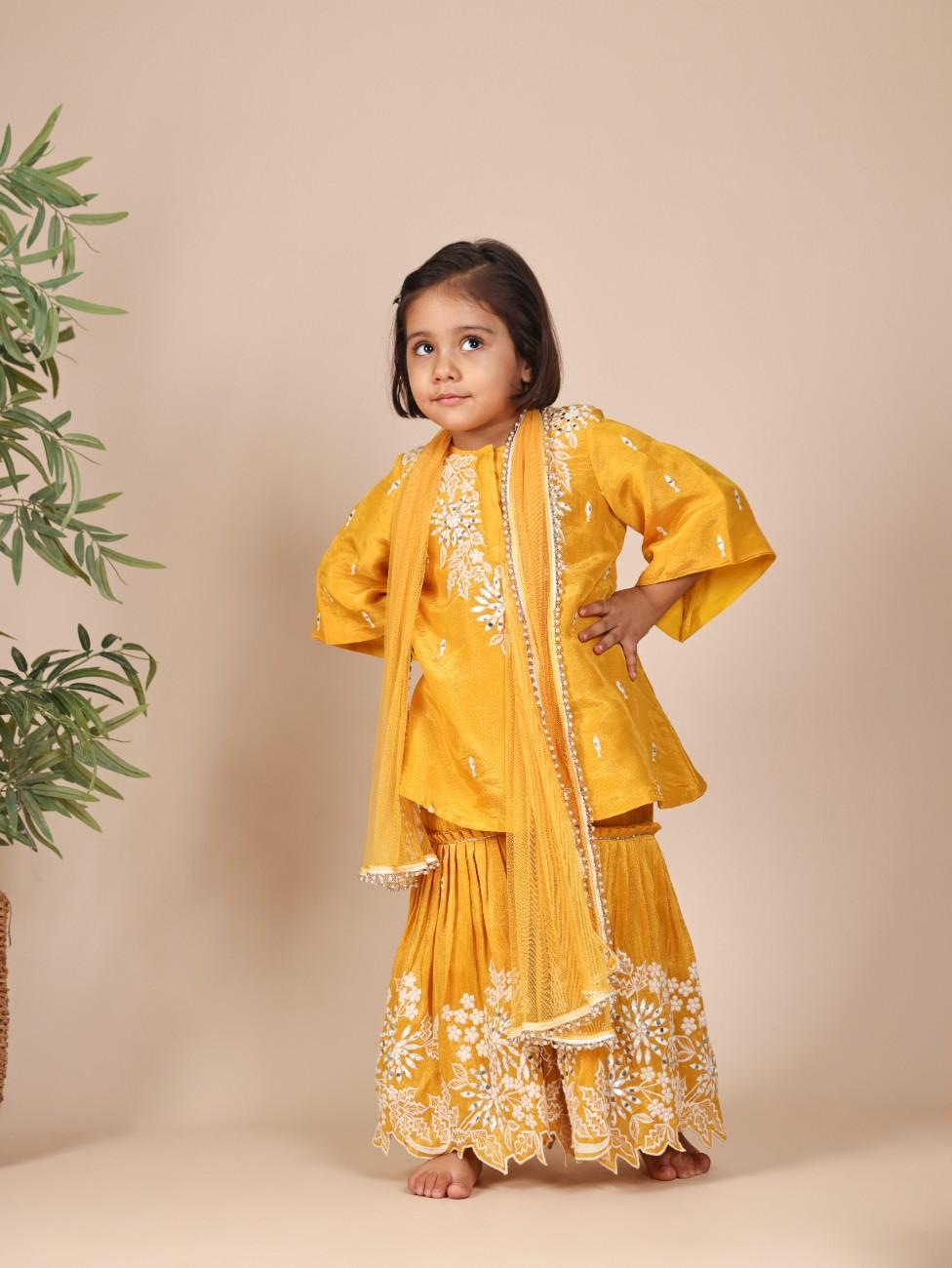Thread and Mirror Embroidered Mustard Tissue Kurta and Sharara