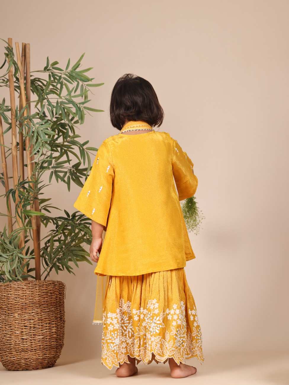 Thread and Mirror Embroidered Mustard Tissue Kurta and Sharara