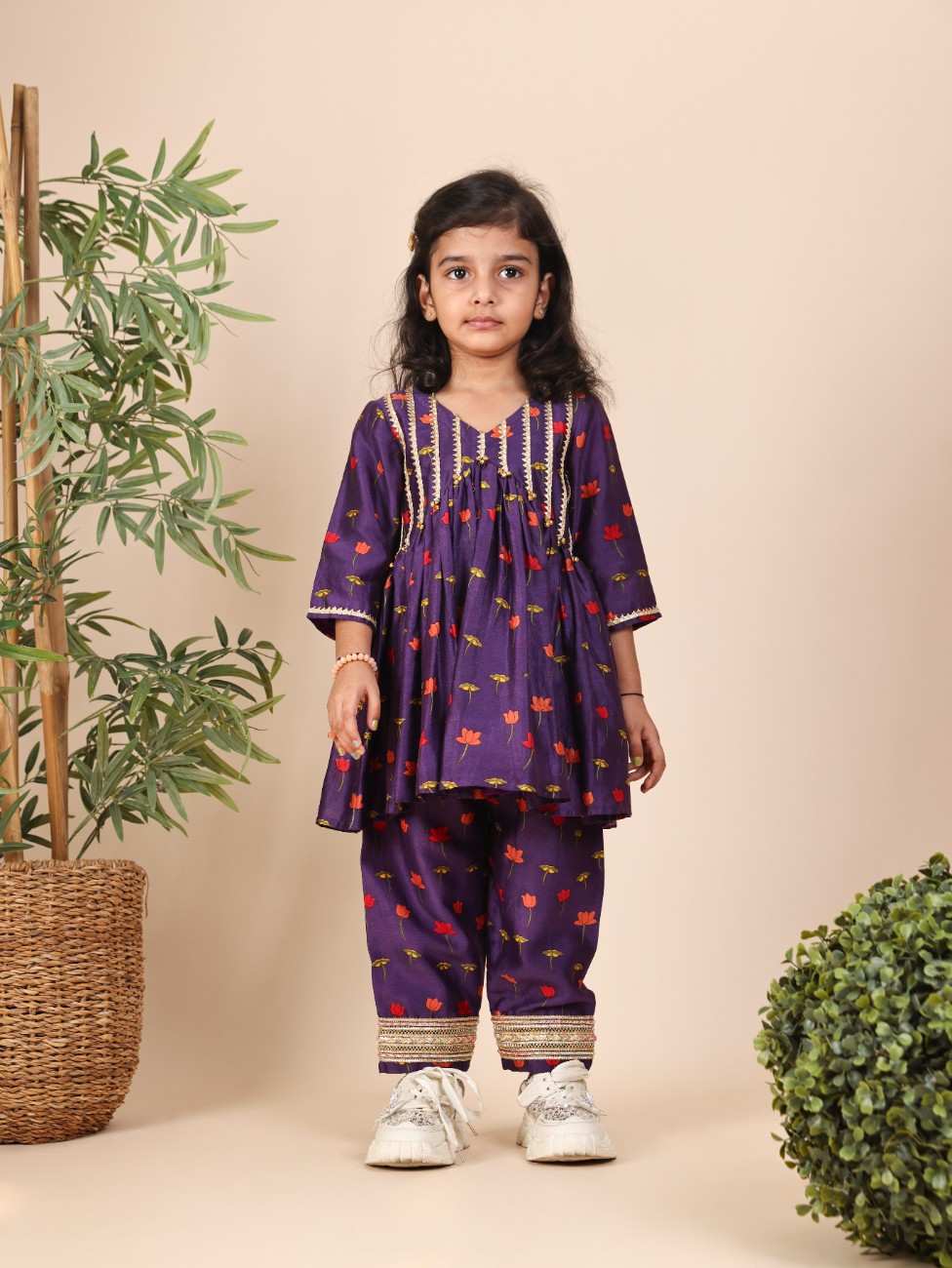 Purple Lotus Printed gota and Ghoongroo Embelished Yoke Kurta with Straight Pant