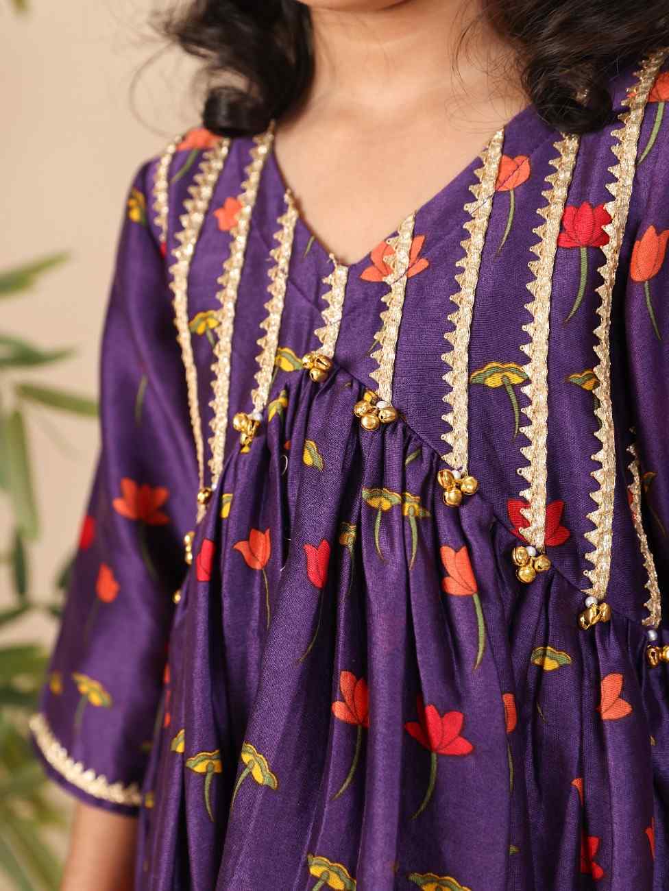Purple Lotus Printed gota and Ghoongroo Embelished Yoke Kurta with Straight Pant