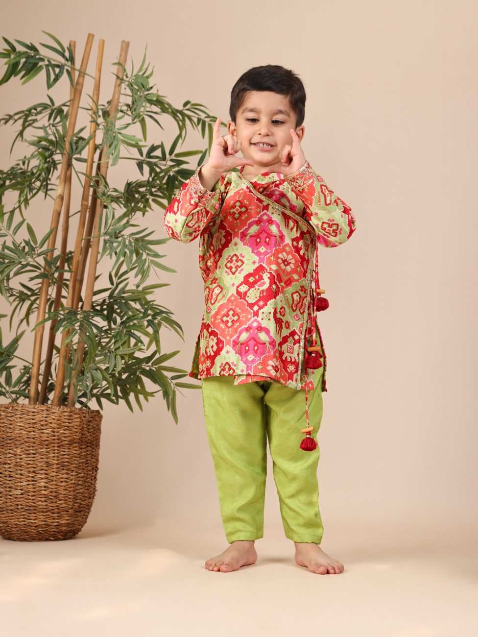 Gota and Zari Embroidered Green Patola Printed Angrakha and Pant