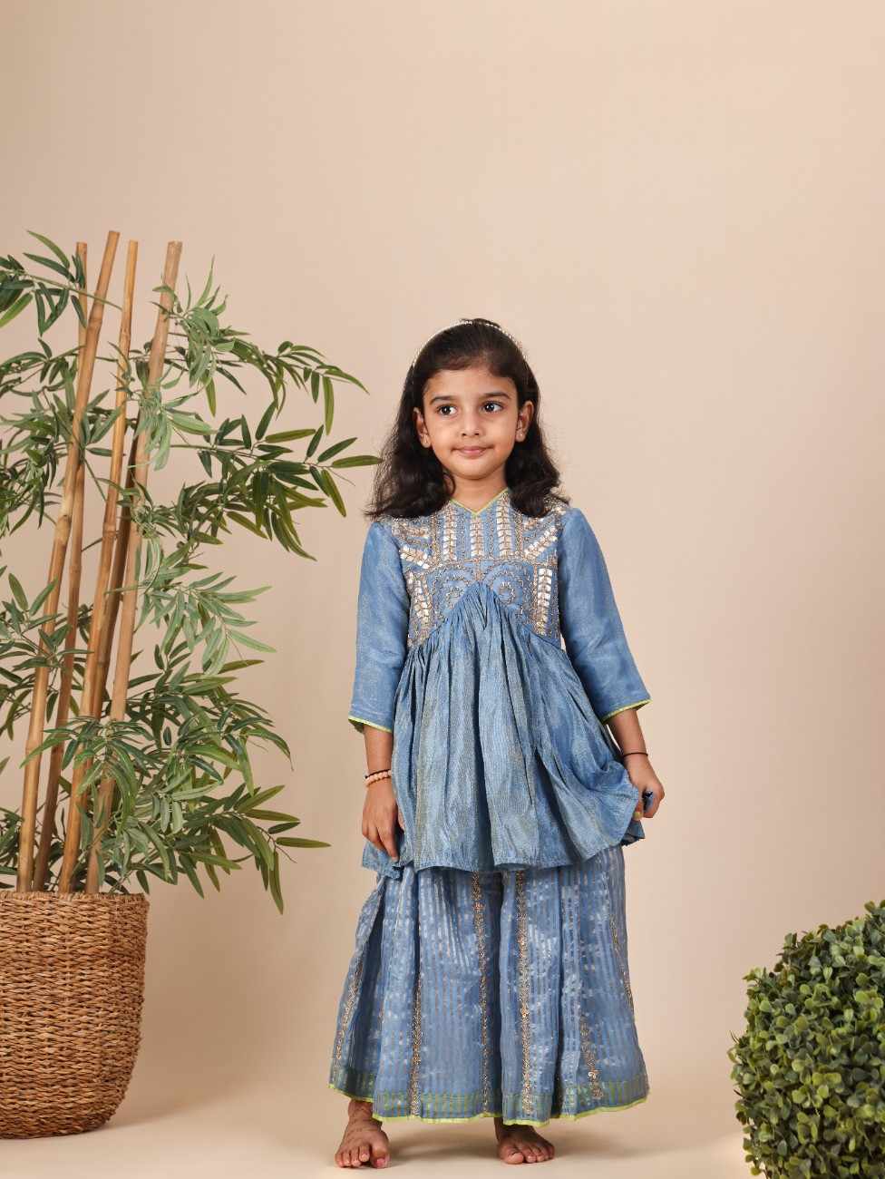 Blue Tissue Peplum with Straight Pant