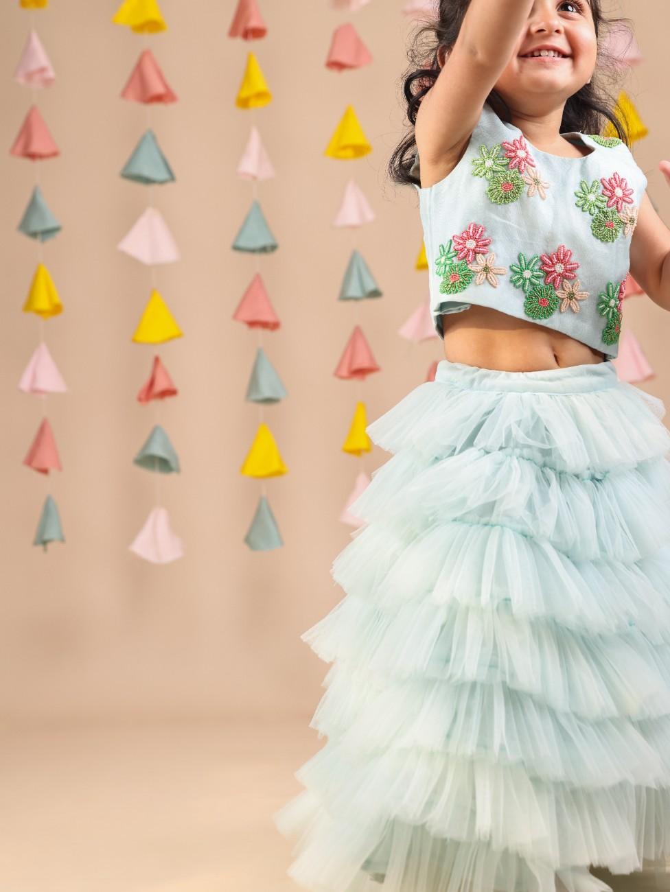 Mint Beads Embroidered Top with Net Layred Skirt