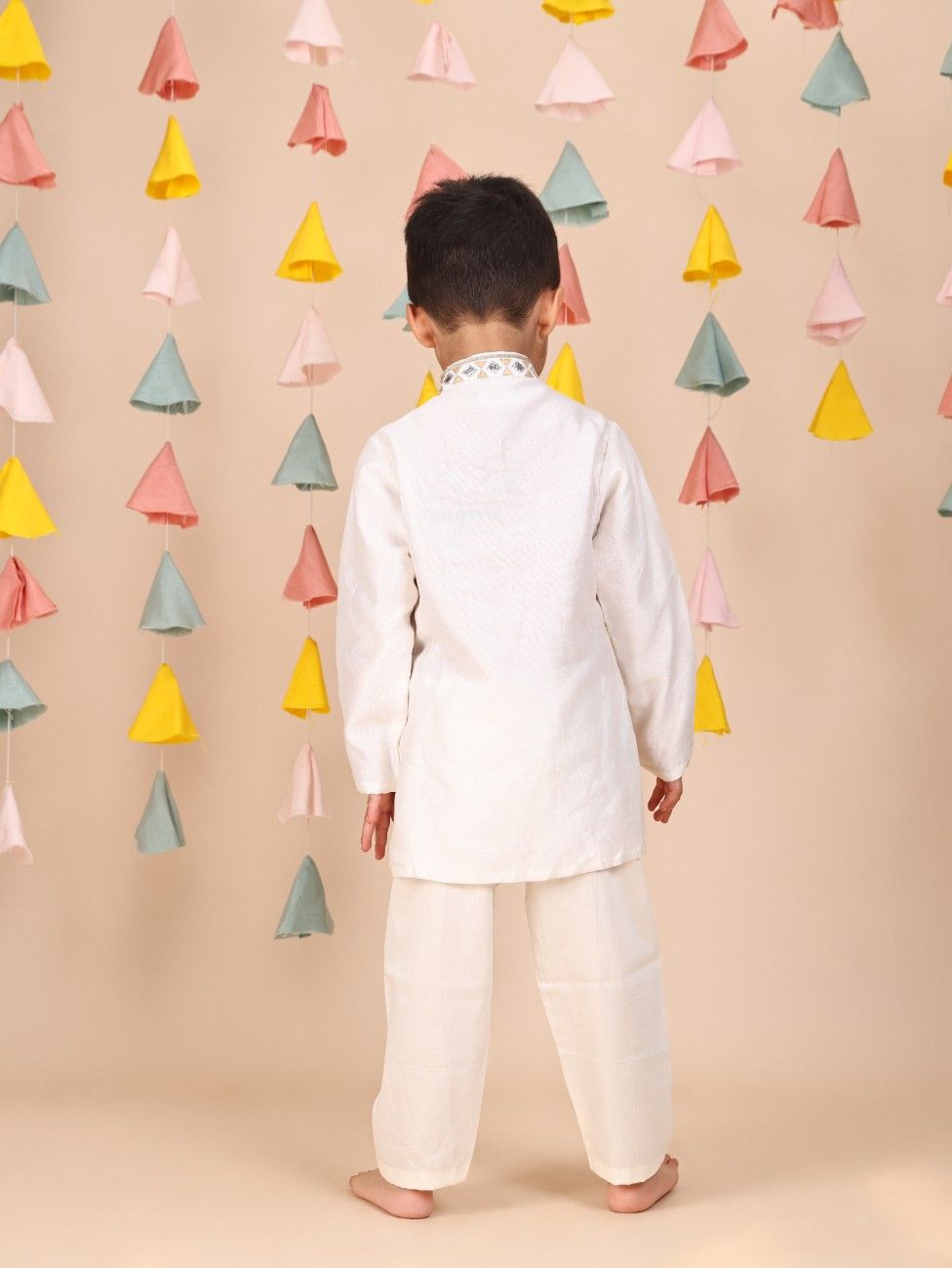 Silver and Golden Leather Embroidered Off White Kurta and Pant