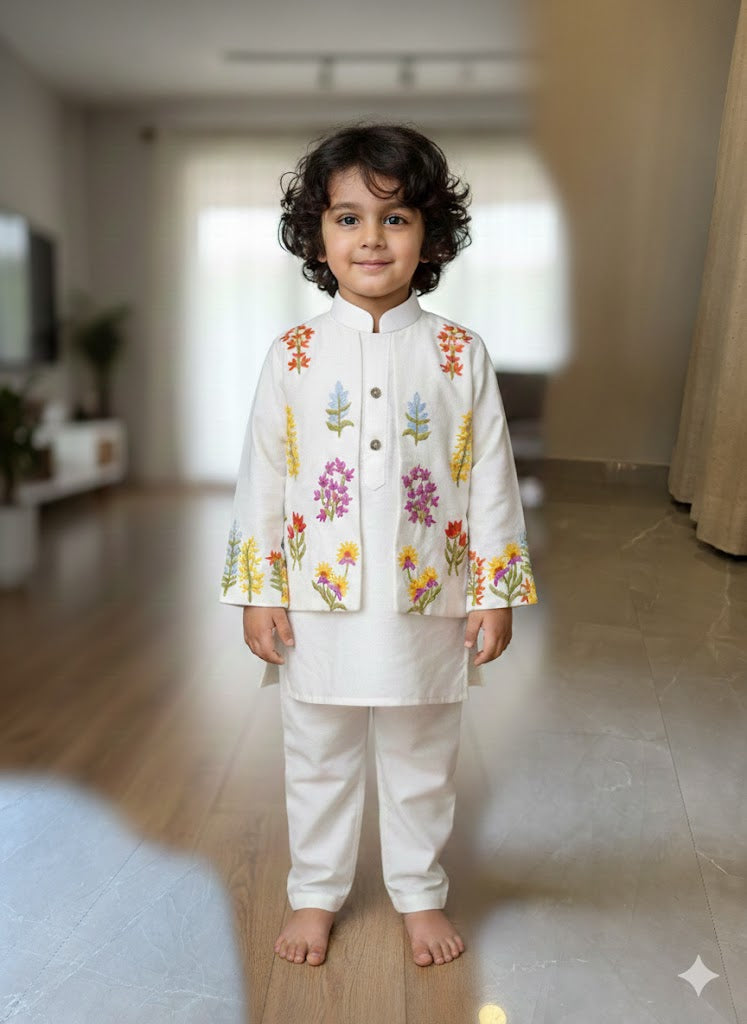 THREAD EMBROIDERED KILANGI WHITE ATTACHED JACKET SET