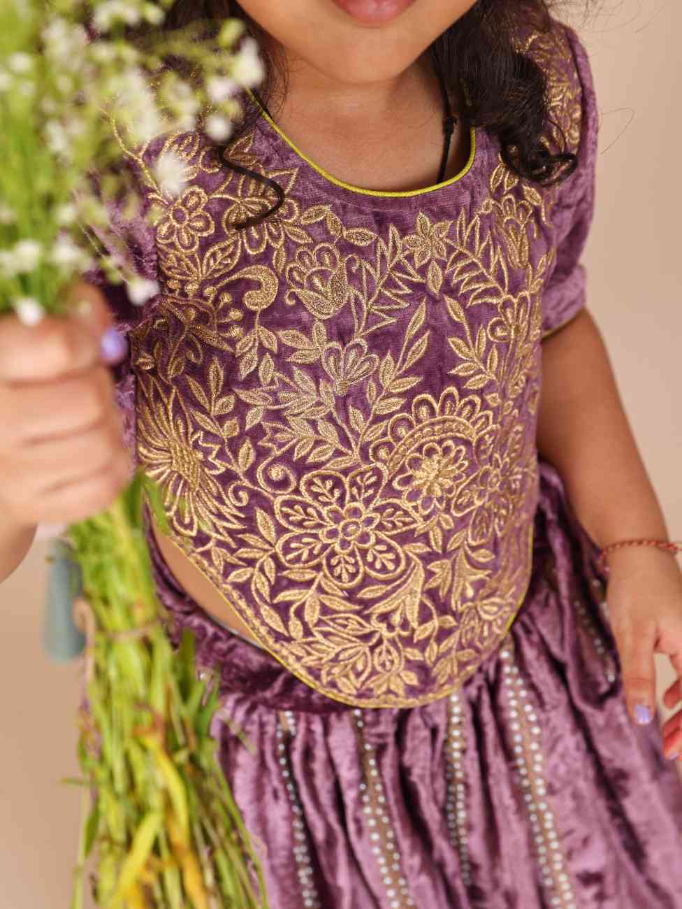 Purple Velvet Zari Top and Moti Velvet Ghagara