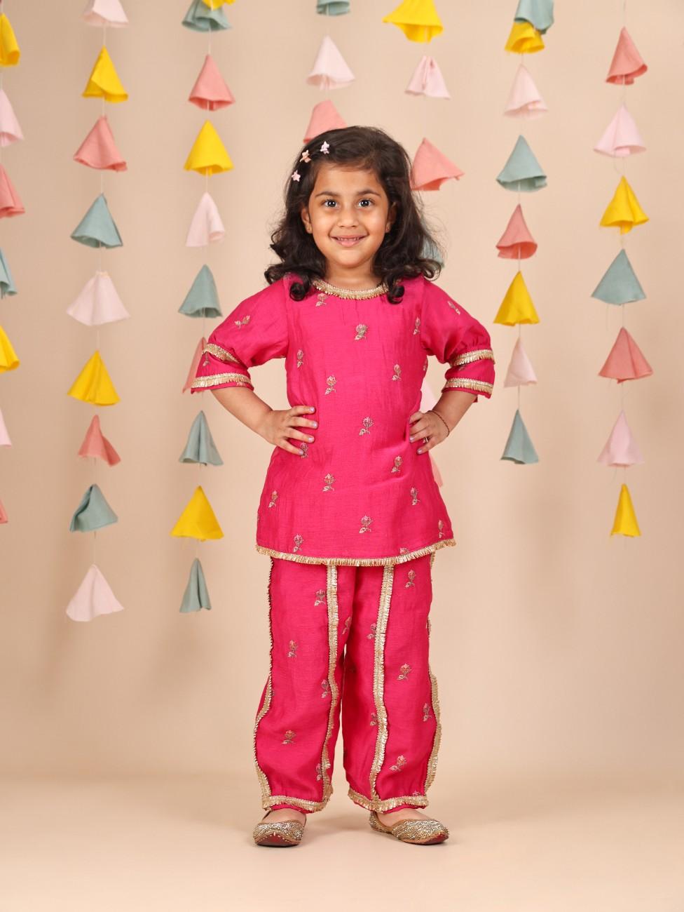 Rani Pink Cross Stitch Thread Embroidered Kurta and Straight Pant