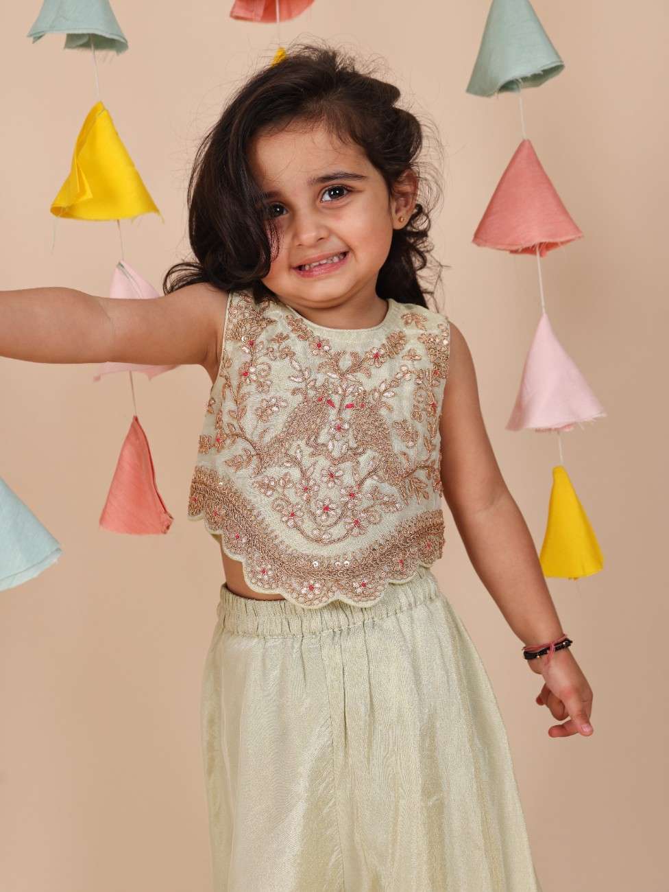 Pista Green Dori and Gota Embroidered Scallop Top with Flare Pant