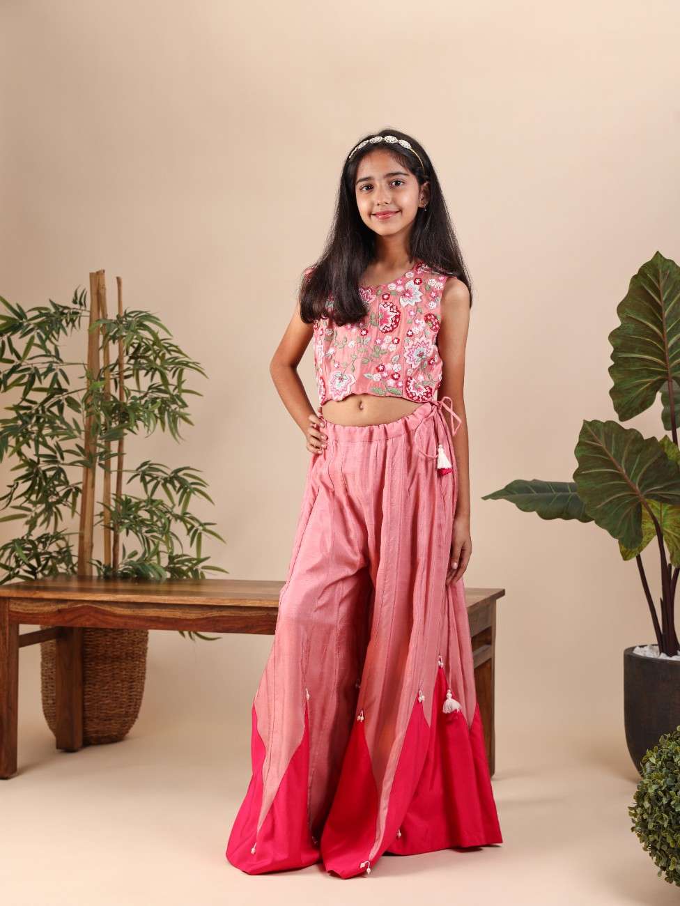 Onion Pink embroidered Top With Flare Pant