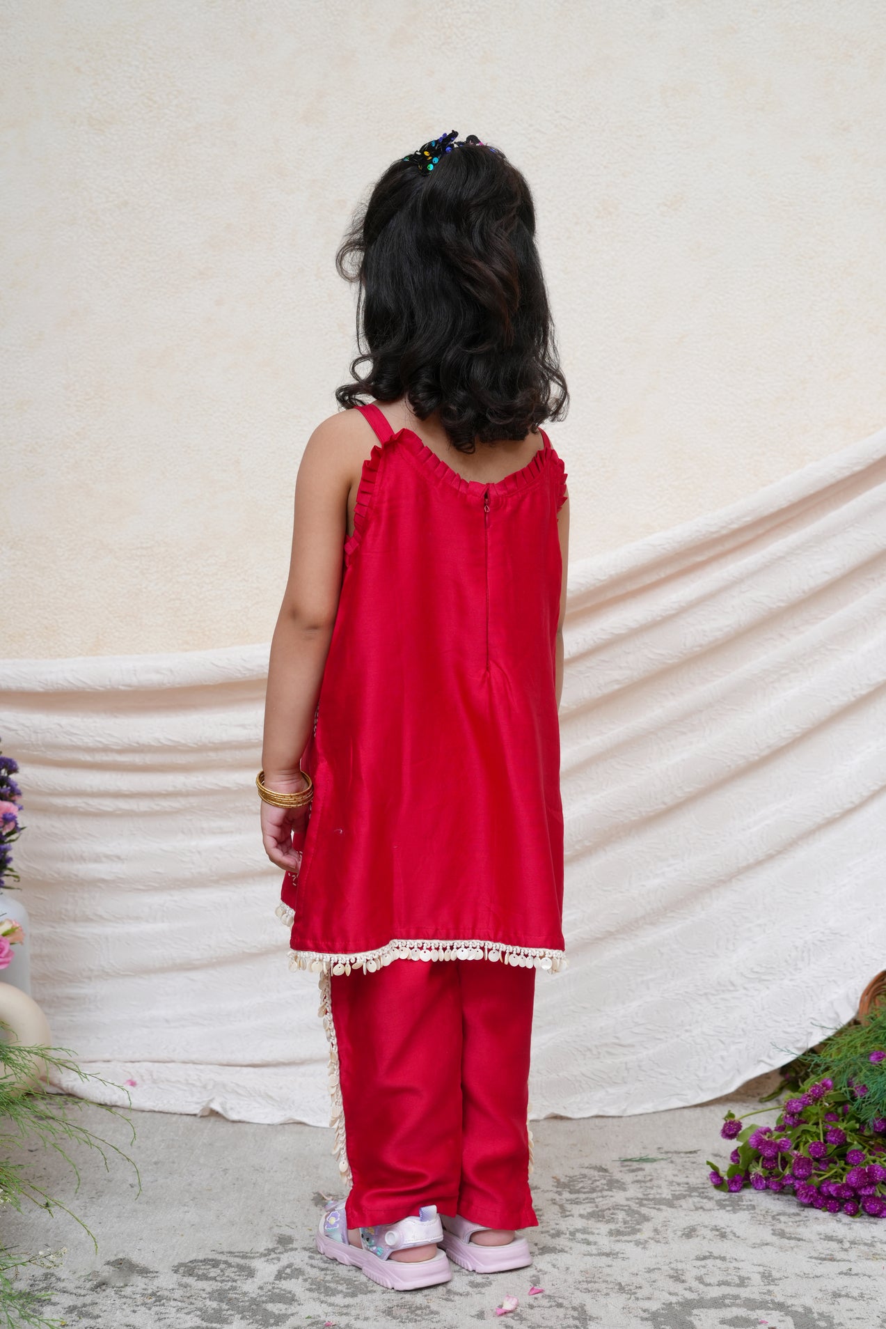 Bird Embroidered Red Chanderi Kurta and Pant