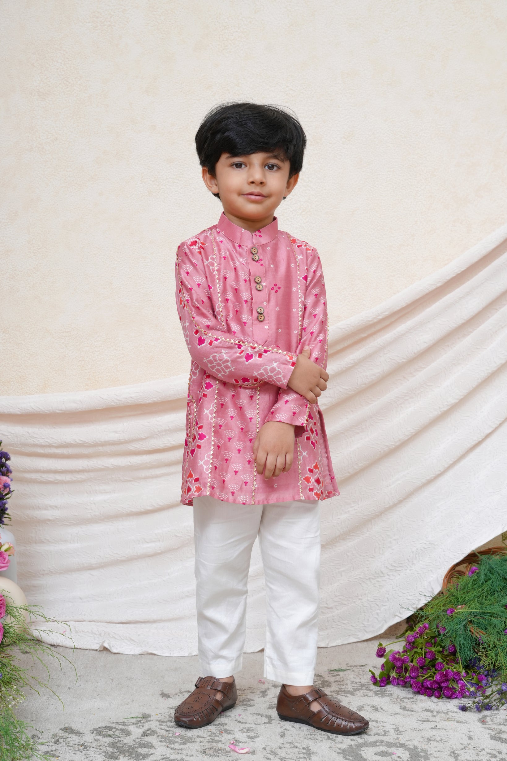 Dust Pink Printed Chanderi Gota Lace Kurta and Pant
