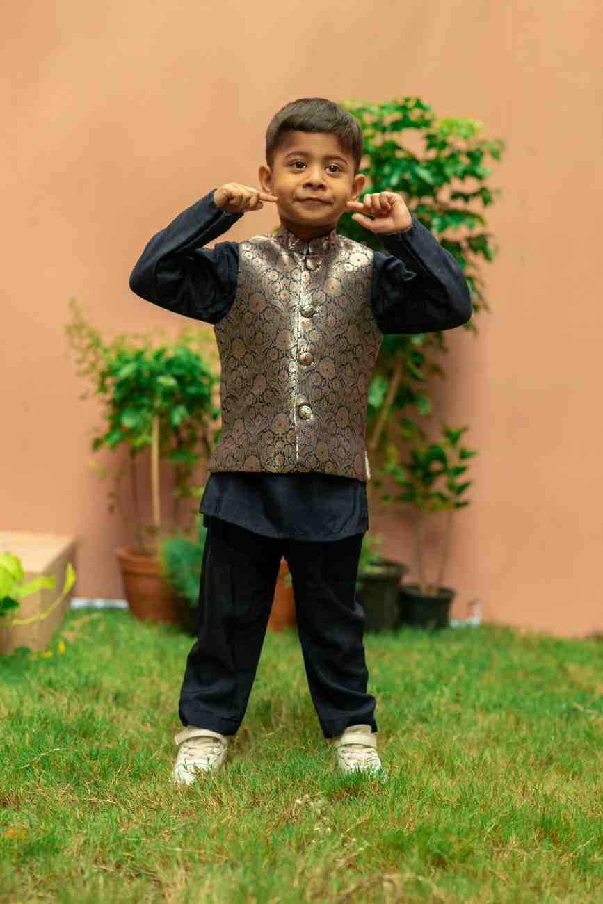 Blue Brocade Jacket Set