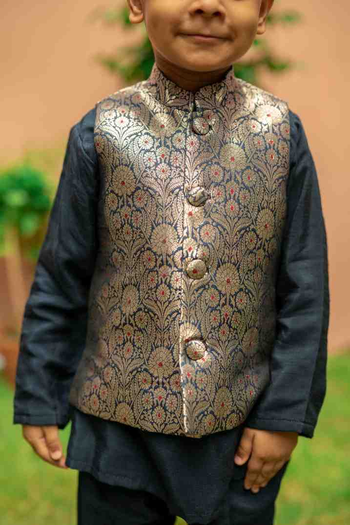 Blue Brocade Jacket Set