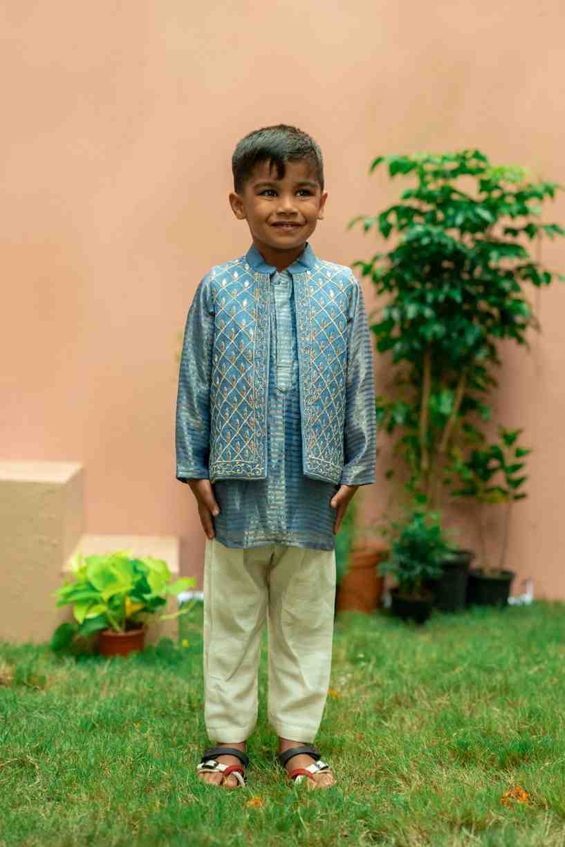 Blue Embroidered Jacket Set
