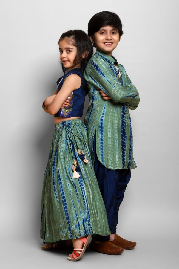 BLUE AND GREEN SHIBOREE TOP AND GHAGARA - P&S Company