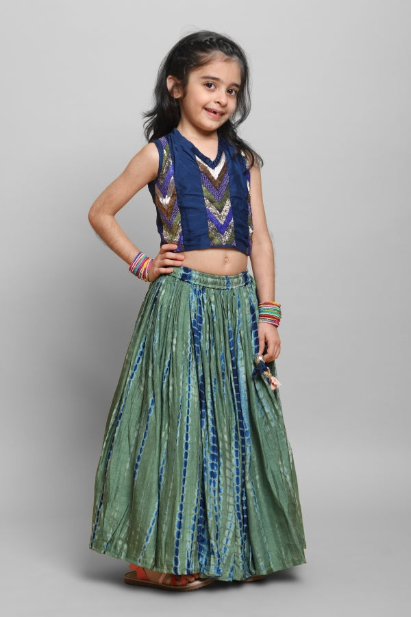 BLUE AND GREEN SHIBOREE TOP AND GHAGARA - P&S Company