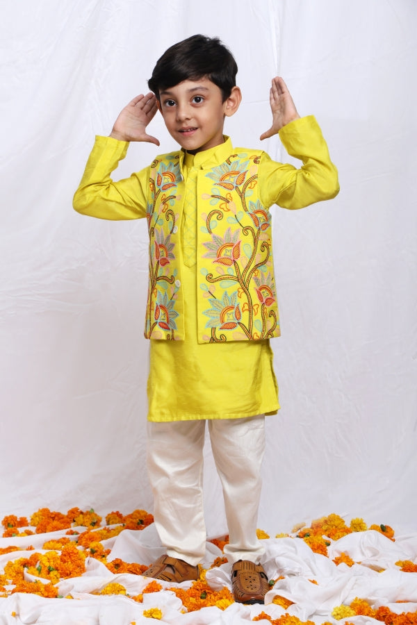 LIME GREEN MULTI COLOURED THREAD EMBROIDERED JACKET KURTA PAJAMA - P&S Company