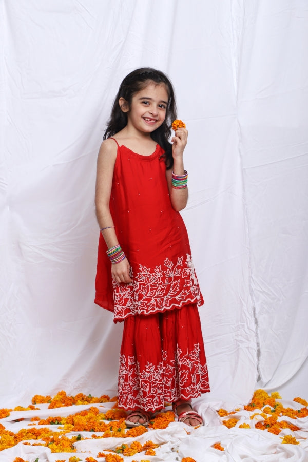 RED MOTI EMBROIDERED KURTA SHARARA
