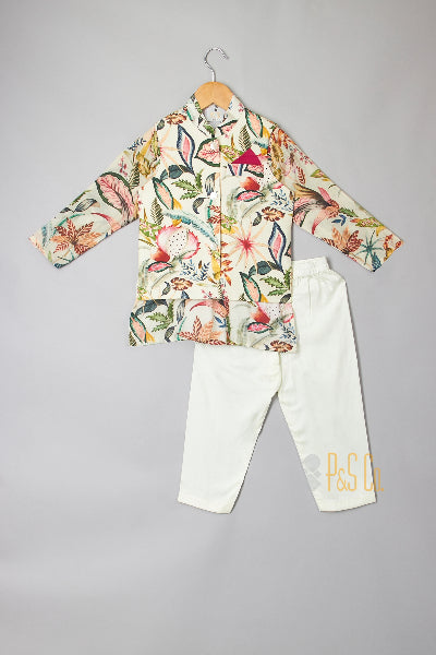 Multi Colour Tropical Print Kurta With Jacket And Pyjama