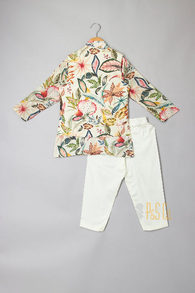 Multi Colour Tropical Print Kurta With Jacket And Pyjama