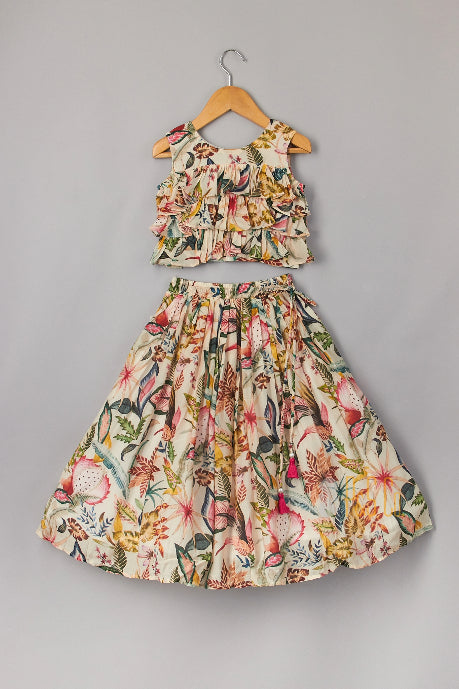 Floral Printed Frilly Layered Top With Pleated Lehenga